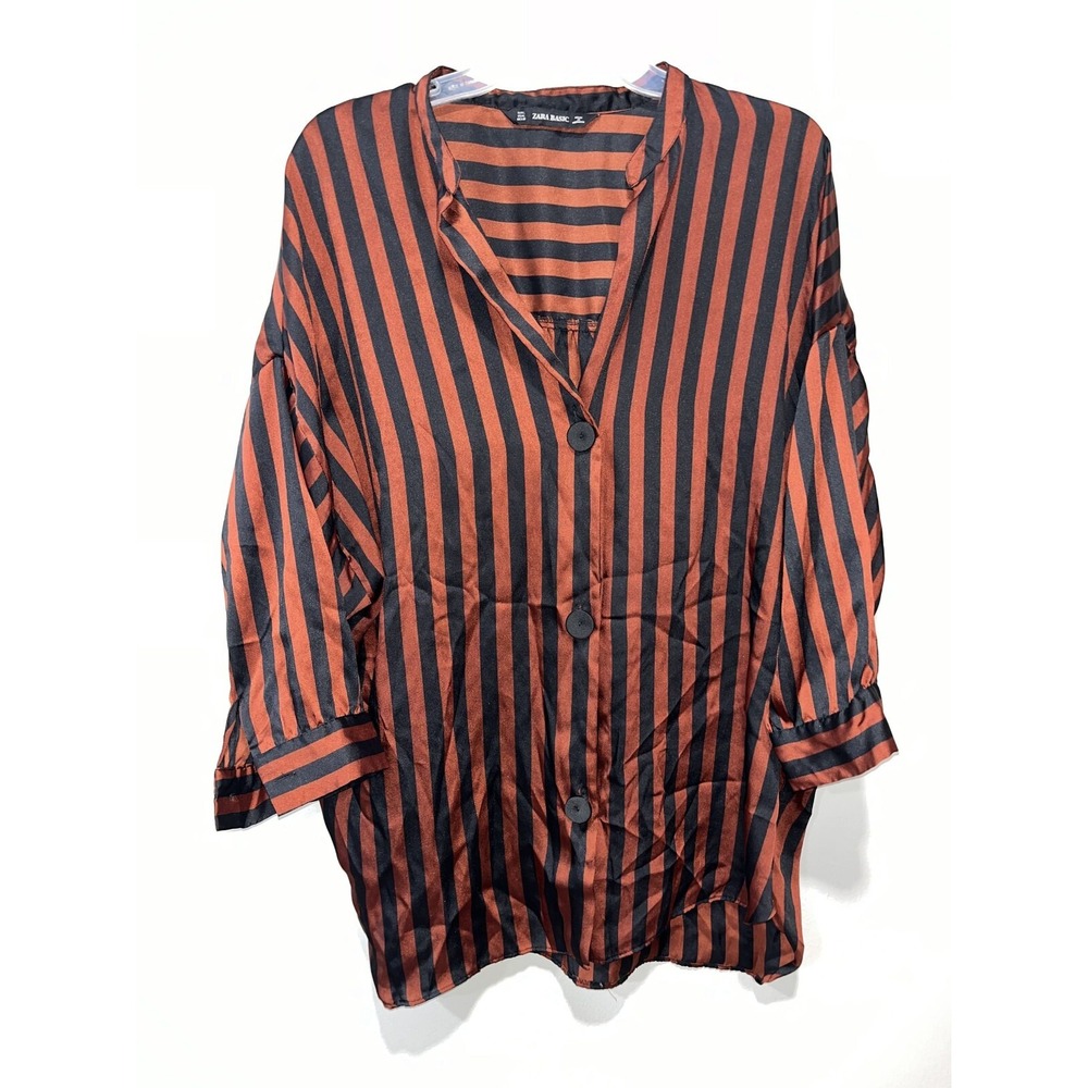 Zara Basic Black & Rust Striped Button-Up Blouse, Size L